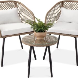 brishi rattan & wicker garden patio seating chair and table set outdoor balcony garden coffee table set furniture and 2 chairs 1 table set with cushion (brown and white), 67 cm , 58 cm , 64 cm